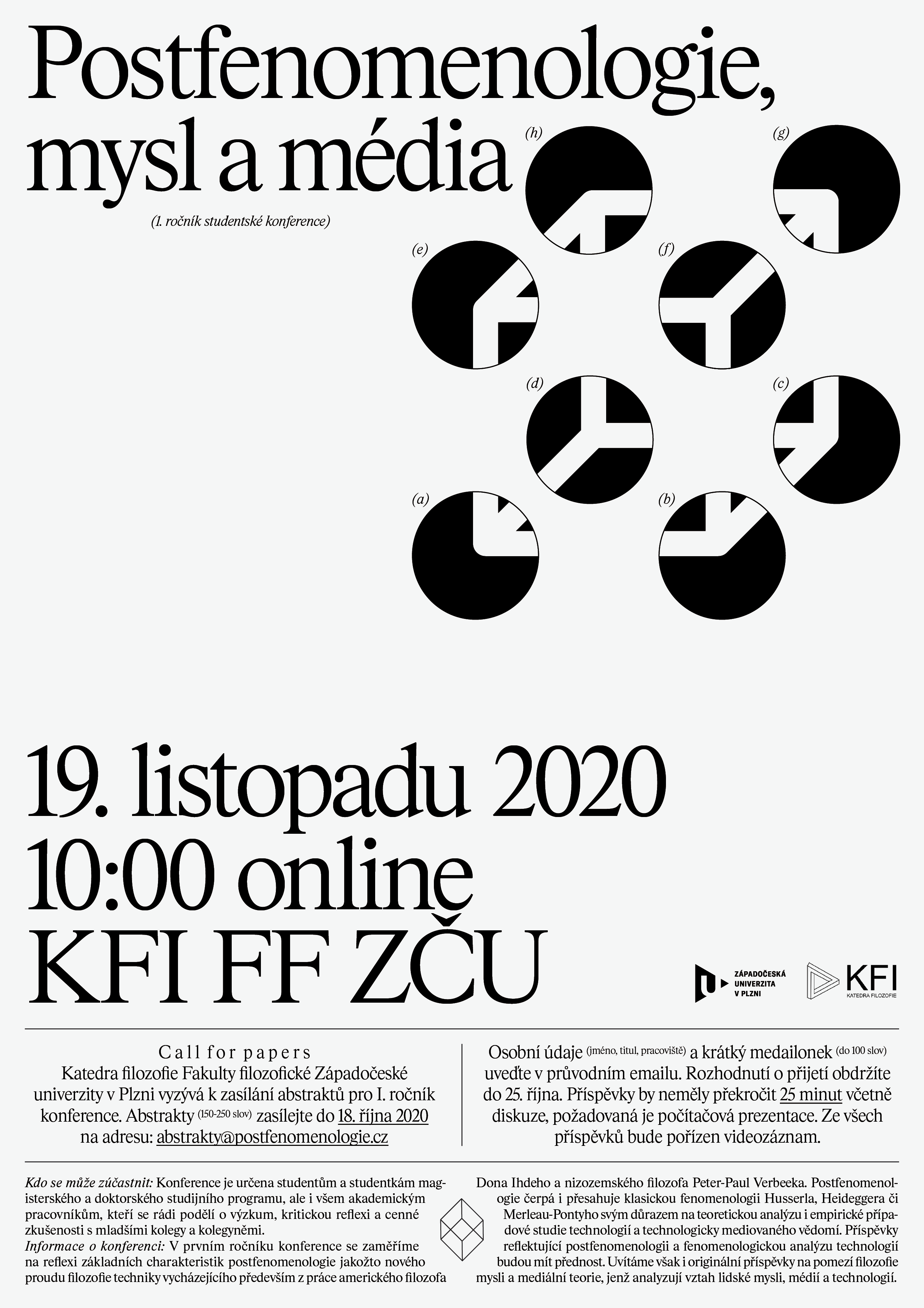 Plakát konference Postfenomenologie, mysl a média, 19. listopadu 2020, 10:00 online, KFI FF ZČU