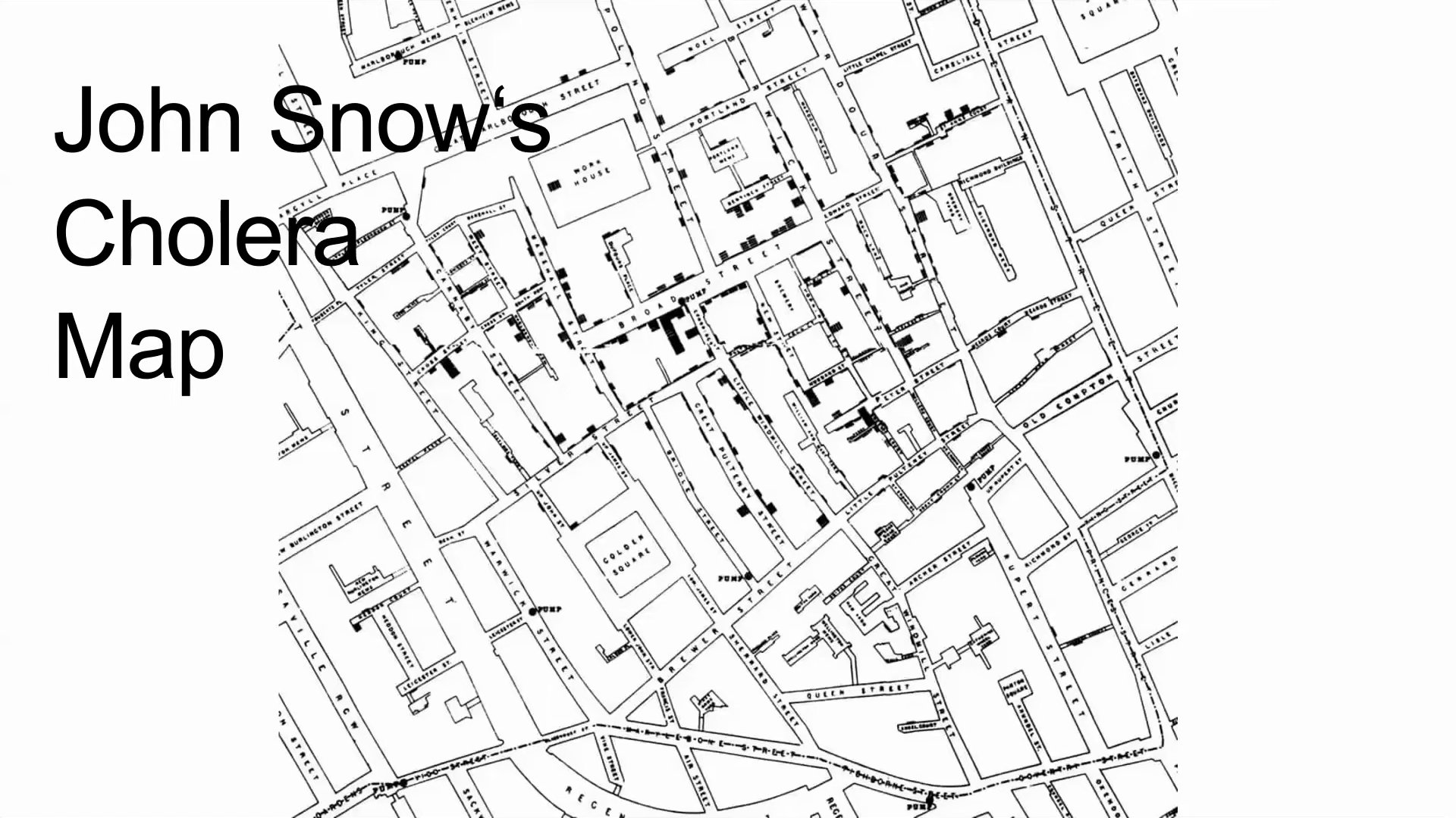 Diapositiva con el mapa de John Snow: calles del Soho londinense con una raya por cada caso de cólera
