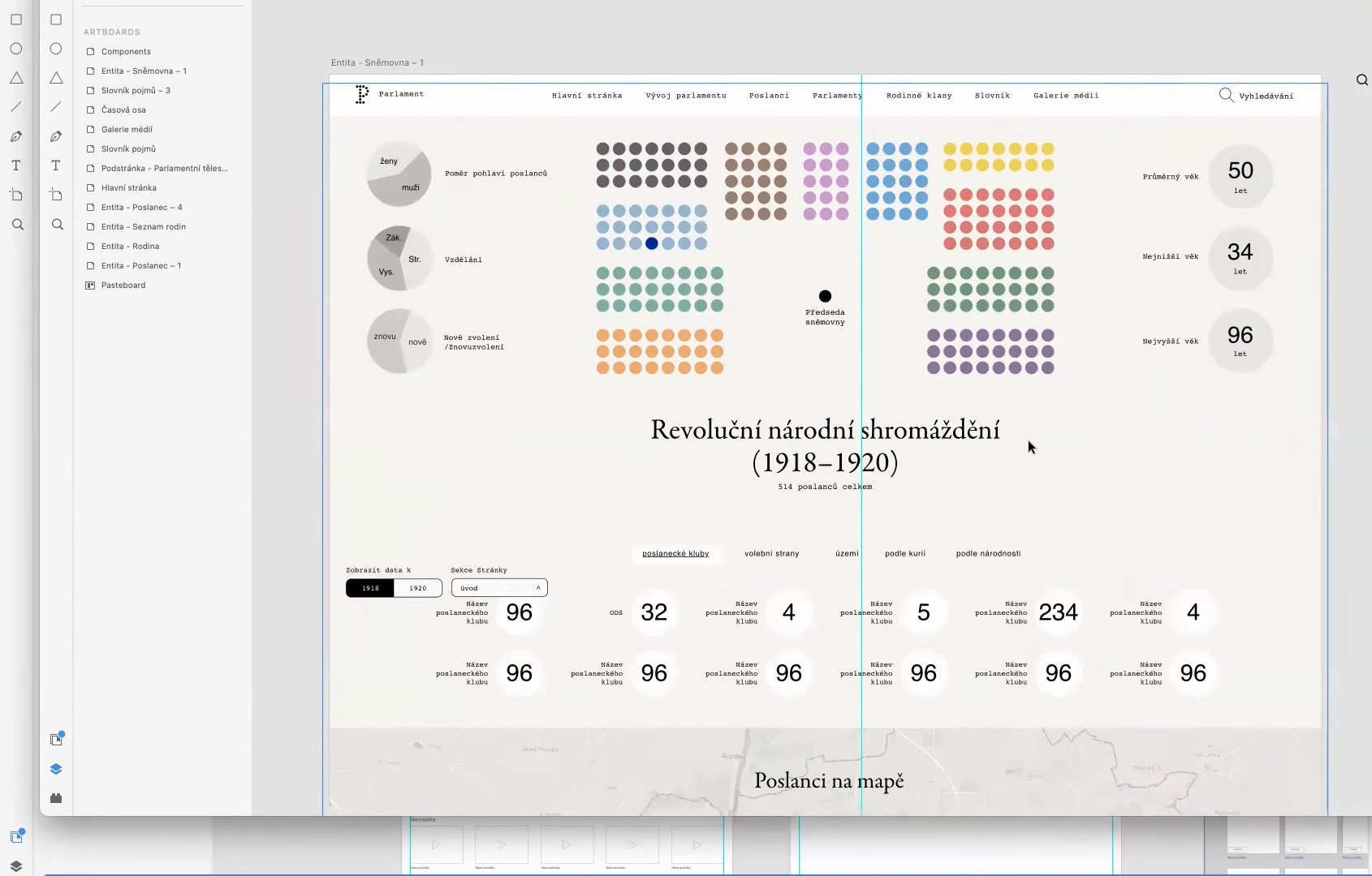 Diseño de la página de la Asamblea Nacional Revolucionaria (1918–1920) en la Base de datos de diputados: infografía de la distribución de escaños con puntos de colores según los partidos y estadísticas de los diputados